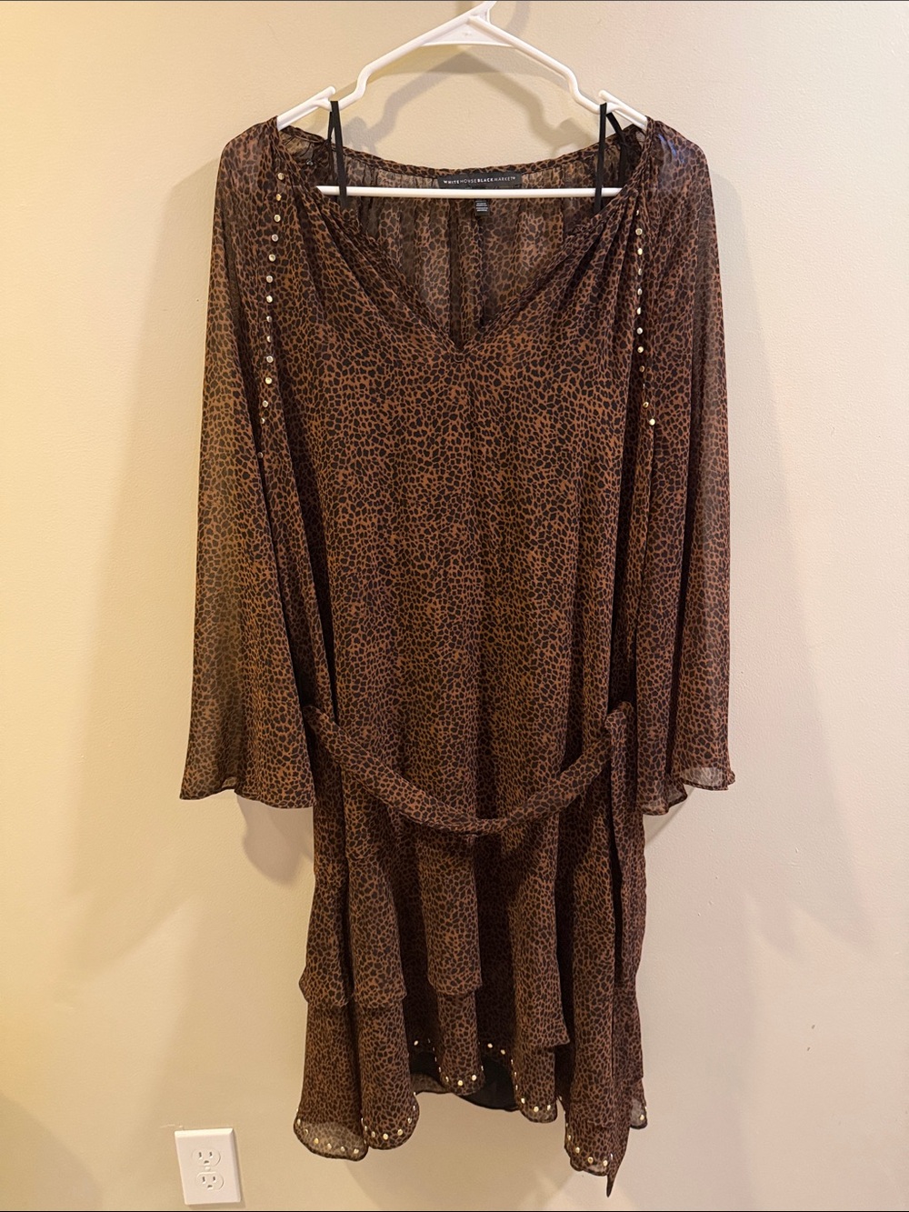 White House Black Market Brown Leopard Print Long Sleeve Dress w/ built in slip